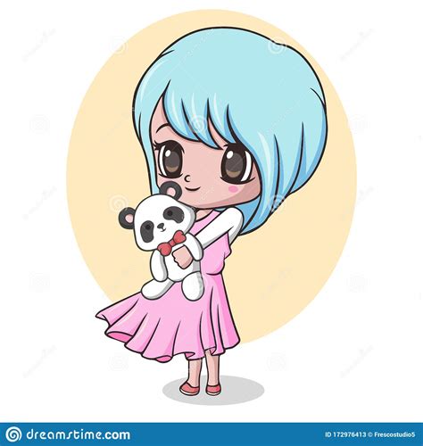 Cute Little Girl Holding Panda Doll Stock Vector