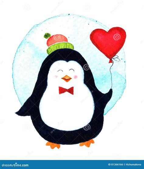 Cute Penguin Holding A Big Heart Balloons For Valentines Day Cartoon