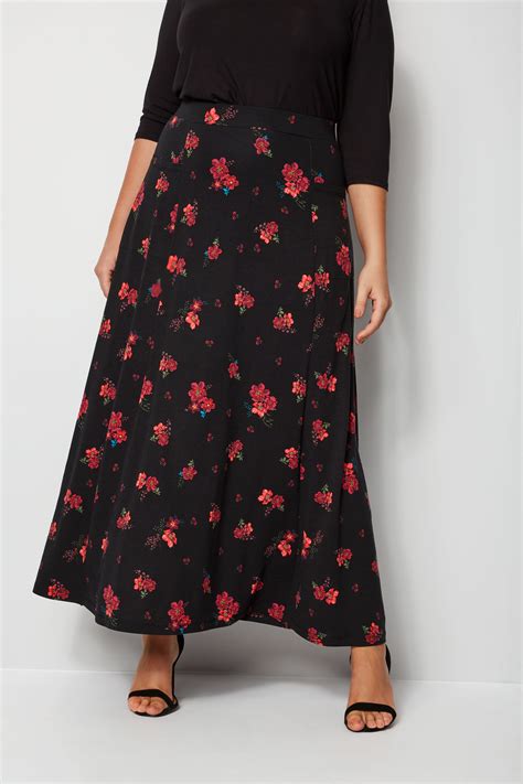 Black And Red Floral Maxi Skirt With Pockets Plus Size 16 To 36