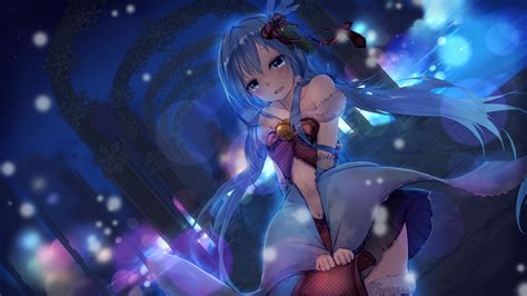 Wallpaper Anime Girl Shy Expression Bokeh Blue Hair Twintails Wallpapermaiden