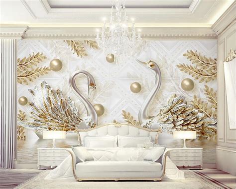 Beibehang Custom Luxury 3d Swan Gold Leaves Water Jewellery Murals