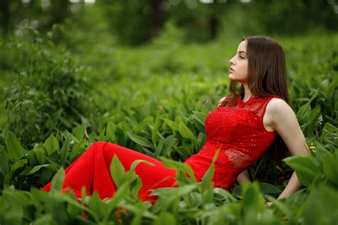 Model Red Lipstick Red Dress Grass Women Outdoors Long Hair Straight