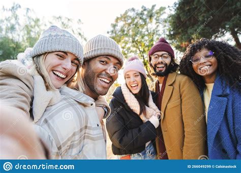 Group Of Young People Smiling And Having Fun Taking Selfie Portrait Five Multiracial Happy