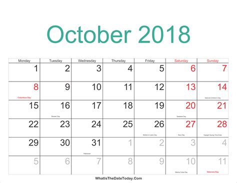 October 2018 Calendar Printable With Holidays Whatisthedatetodaycom