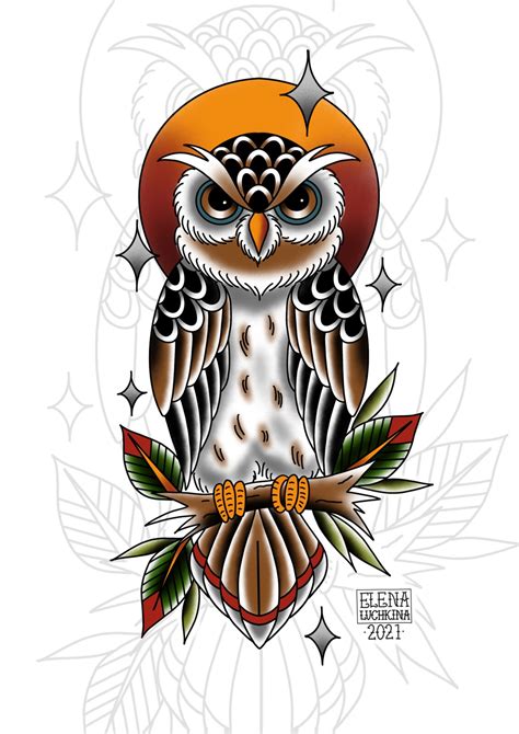 Elena Luchkina Old School Owl Tattoo Design