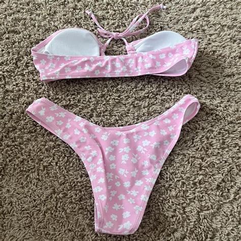 shein women s pink and white bikinis and tankini sets depop