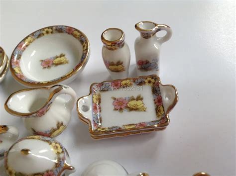 Dollhouse Miniature Gold White Leaf Design Ceramic 14 Pc Dinner Set