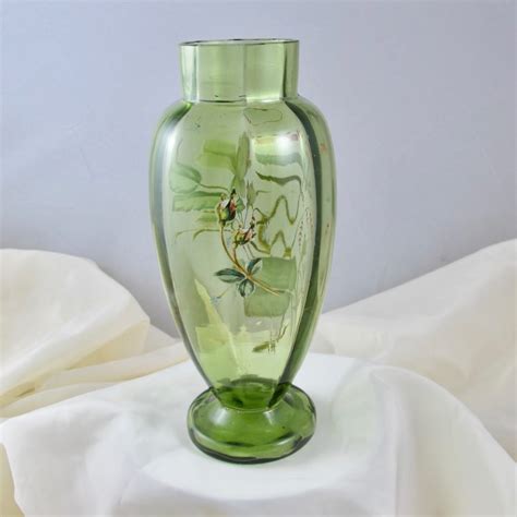 Antique Moser Painted Enameled White Rose Dragonfly Art Glass Vase Carnival Glass
