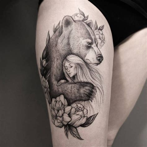 Pretty Hug Of Bear And Girl Tattoo On Hip By Iradeer Sleeve Tattoos