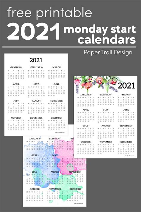2021 One Page Calendar Monday Start Paper Trail Design