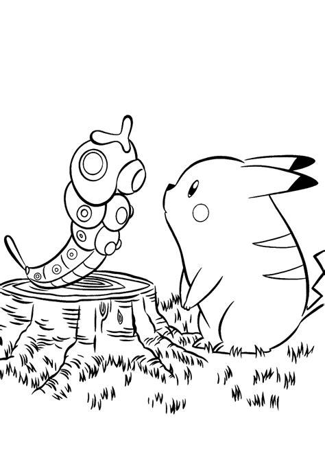 Kolorowanka Pokemoy Pikachu I Gąsiennica Caterpie