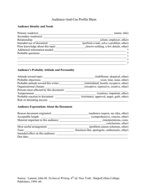 Audience And Use Profile Sheet