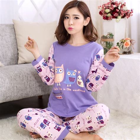 Women Cotton Pajamas Owl Cartoon Sleepwear Sets Soft Pajamas Women Long Sleeve Nightgown Fashion