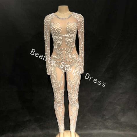 Sparkly Pearls Crystals Mesh Jumpsuits Sexy Rhinestones Perspective Bodysuit Stage Outfit Wear
