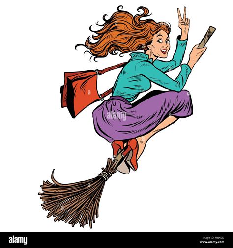 beautiful woman witch flying on a broom stock vector art and illustration vector image 123334637
