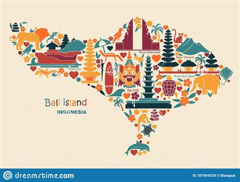 Map Of Bali Islands Indonesia With Traditional Symbols Of Architecture