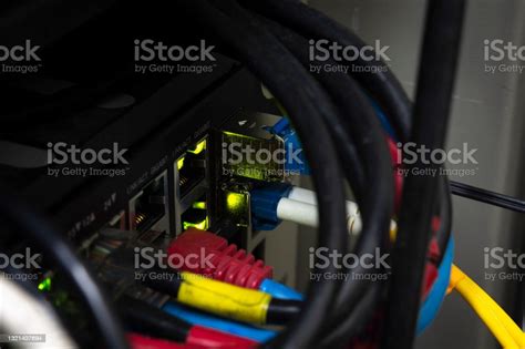 Closeup Network Equipment In Server Room And Ethernet Utp Cat6