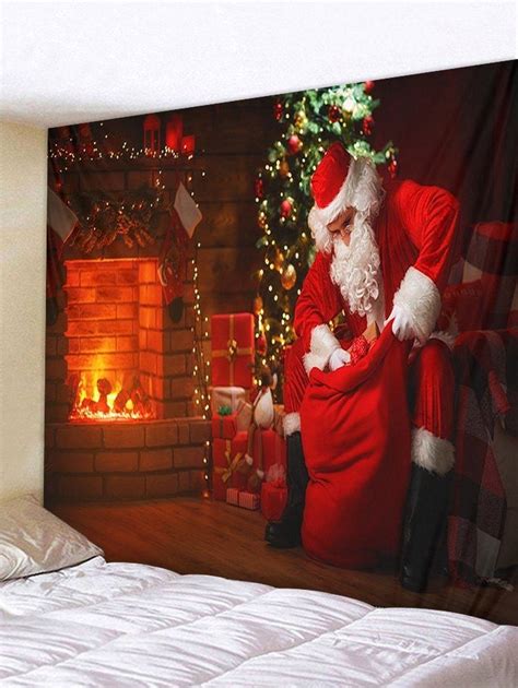 Christmas Tree Santa Claus Fireplace Print Tapestry Wall Hanging Art