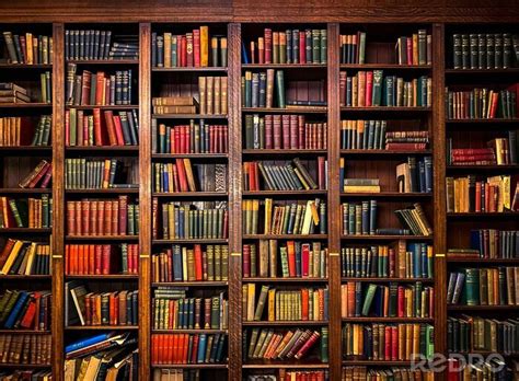 Fototapeta Books On Shelves In Library With Classic Dark Wood Na Wymiar
