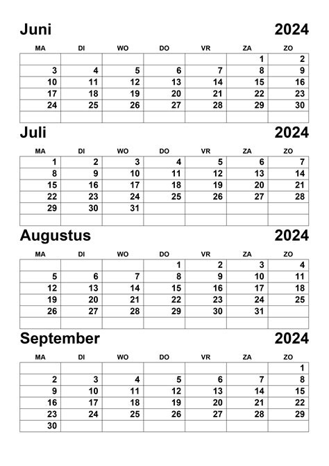 Kalender Juni Juli Augustus September 2024