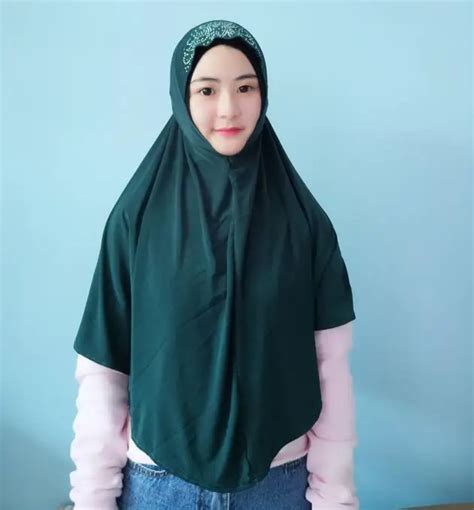 Women Plain Color Muslim Instant Hijab Glitter Diamonds Floral Headscarf Stretch Long Prayer