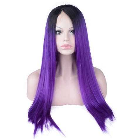 Strongbeauty Lace Front Wig Ombre Purple Long Straight Hair Synthetic Heat Resistant Fiber Women