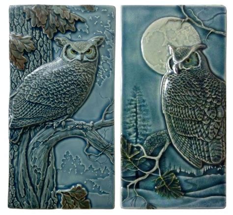 Owls Home Decor Ceramic Tile Great Horned Owl Pair Two Art Tiles Set Etsy Tile Art Owl
