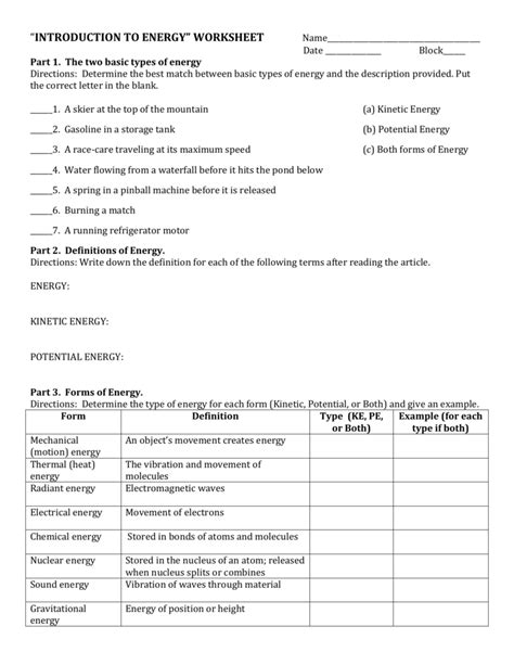 Introduction To Energy Worksheet Answer Key Organicard