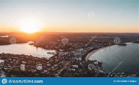 Panoramic Aerial Drone Sunset View Of Manly An Affluent Seaside Suburb