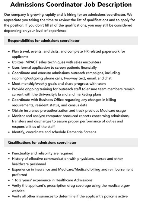 admissions coordinator job description velvet jobs