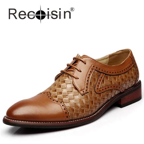Recoisin Genuine Leather Men Woven Pattern Oxfords Brogue Shoes