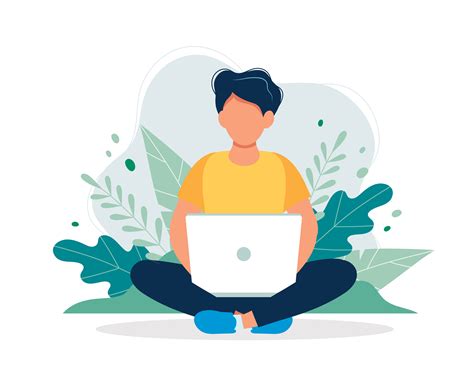 Man With Laptop Sitting In Nature And Leaves Concept Illustration For