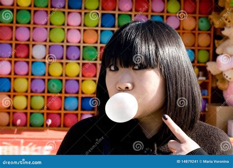Funny Girl Blowing A Bubble Gum Stock Image Image Of Expression Asian 14879241