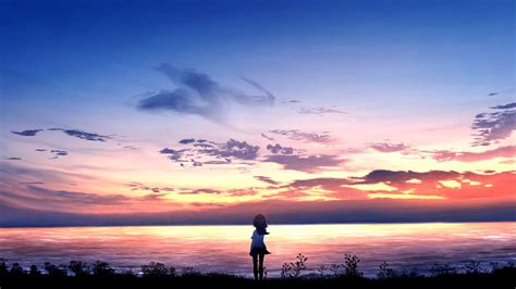 Download Wallpaper 1920x1080 Girl Alone Sea Horizon