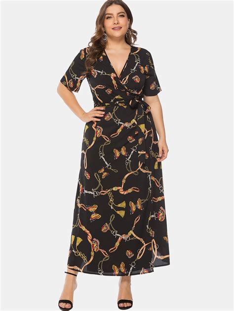 Wipalo Women Plus Size 6xl Butterfly Printed Wrap Maxi Dress Casual