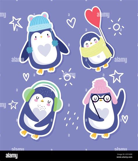 Penguin Bird Animal Cartoon Character Funny With Hats Glasses Scarf