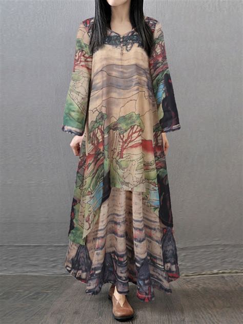 Gracila Vintage Printed Layered V Neck Long Sleeve Women Maxi Dresses