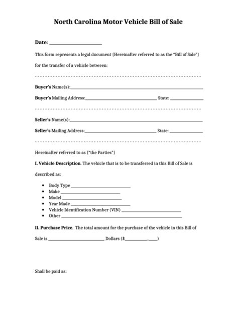 Nc Vehicle Bill Of Sale Template