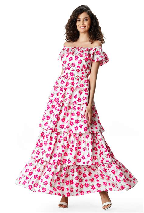 Shop Off The Shoulder Floral Print Crepe Ruffle Tier Dress EShakti