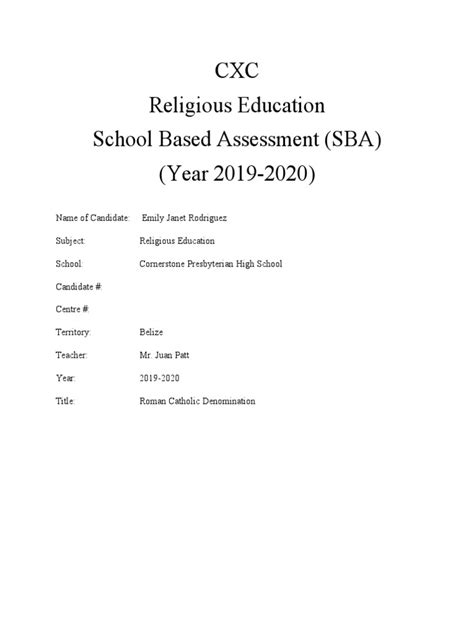 Cxc Religious Education School Based Assessment Sba Year 2019 2020