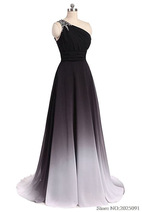 One Shoulder Ombre Long Black White Gradient Chiffon Evening Prom