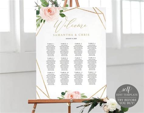 Seating Plan Template Blush Floral Instant Download Wedding Chart