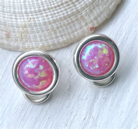 Clip On Opal Earrings Sterling Silver Pink Opal Earrings Etsy