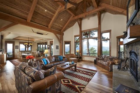 The amount of exposed timbers throughout your home is. Golden Gate Ranch Timber Frame Home Living Room | Mountain ...