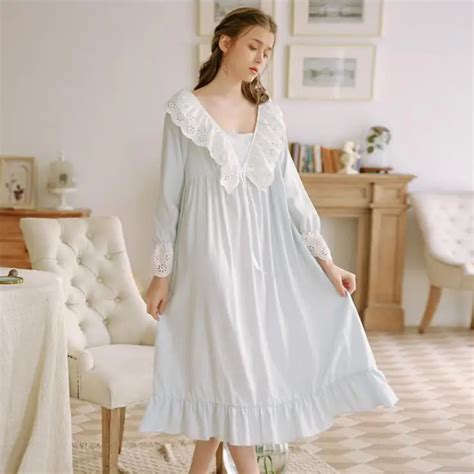 Free Shipping 2019 New Spring Princess Nightdress Cotton Pyjamas Blue