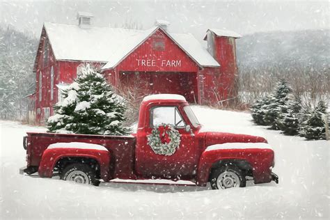 Christmas Mixed Media Snowy Tree Farm By Lori Deiter Christmas Red
