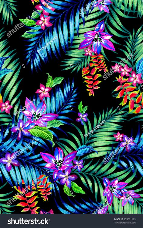 Seamless Floral Tropical Print Midnight Exotic Flowers And Plants In A