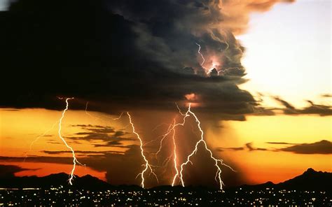 Sunset Landscapes Storm Lightning Lightning Bolts Natural Wallpaper