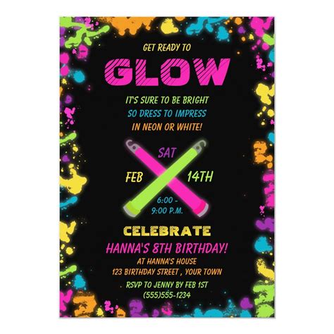 Glow Party Neon Birthday Invitation Zazzle Fiesta De Palillos De