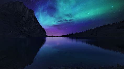 aurora borealis northern lights  mountain lake p